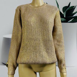Women Pullover Sweater Gold Foil Knit Size XL Crew Neck Mid Length 1
